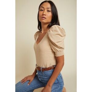 Nation LTD Celine Womens Pima Cotton Puff Sleeve V-Neck Tee Beige XS Smocked